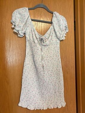 Blāshe Teal Pink Floral Cinched Mini Dress w Puff Sleeves & Front Tie Size S